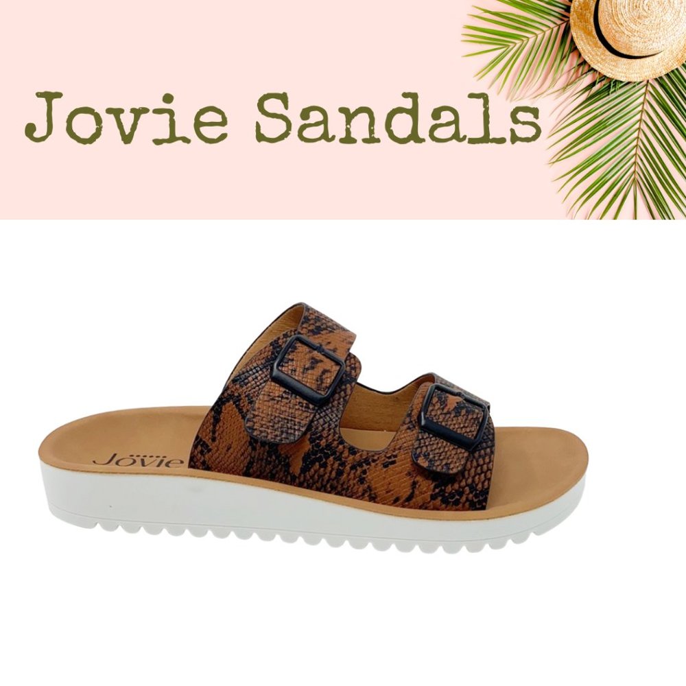 Jovie Cognac Snakeskin Faux Leather 2 Strap Slip-On Sandal